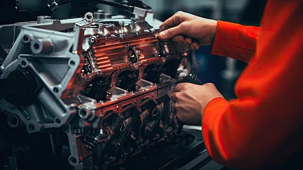 Foto un mecánico en una fábrica de automóviles está instalando motores para automóviles en la línea de producción dentro de la fábrica