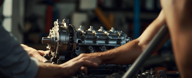 Foto mecánico hábil reconstruyendo un motor con precisión en un ambiente de trabajo diario candido