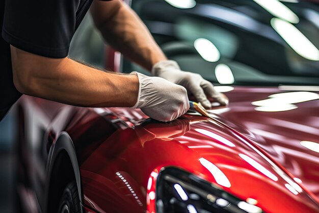 Mecánico hábil en el trabajo de restauración de carrocerías de automóviles