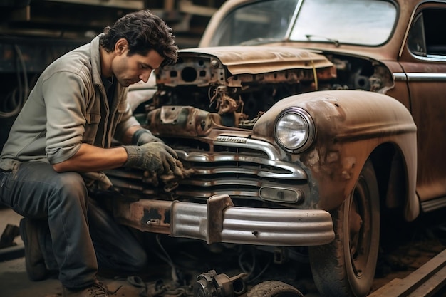 Mecânico habilidoso restaurando carros enferrujados