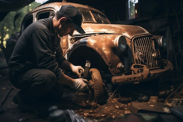 Mecânico habilidoso restaurando carros enferrujados