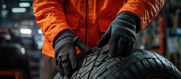 El mecánico inspecciona el neumático