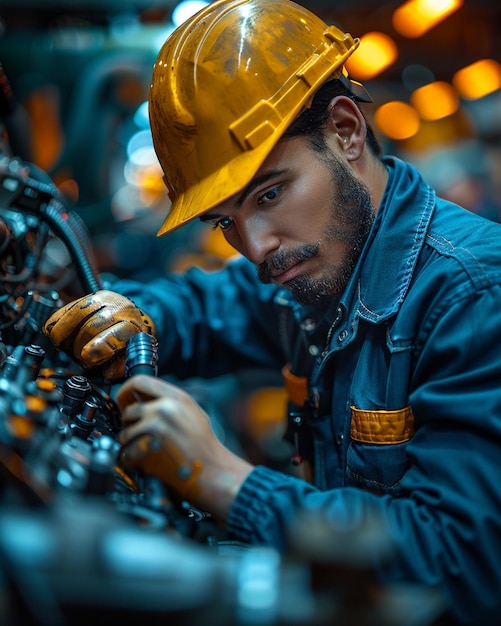 Foto un mecánico inspeccionando el fondo del motor