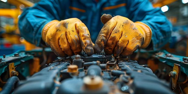 Mecánico inspeccionando a mano la batería del automóvil en el taller de reparación de automóviles para comprobar el concepto del sistema eléctrico