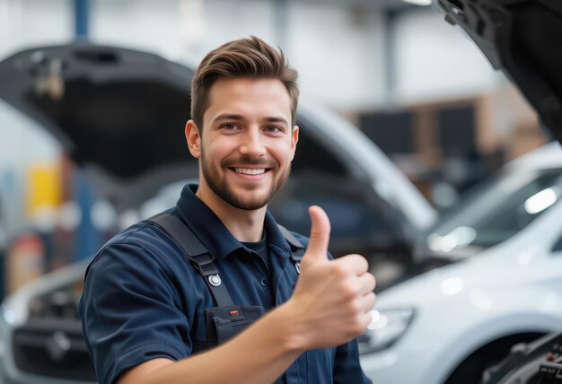 Mecánico levantando el pulgar en el taller de reparación de automóviles