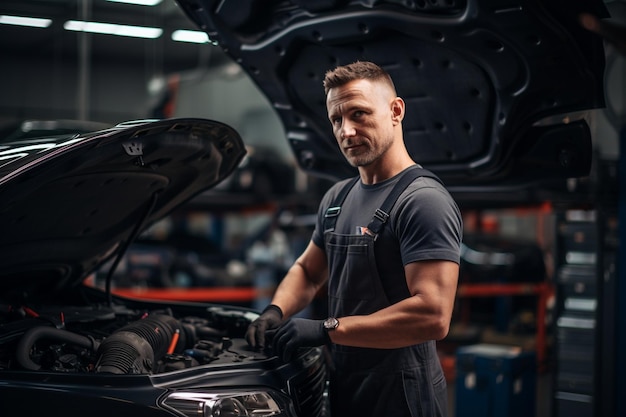 Mecânico masculino de uniforme reparando carro no centro de serviços