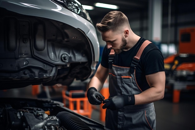 Mecânico masculino de uniforme reparando carro no centro de serviços