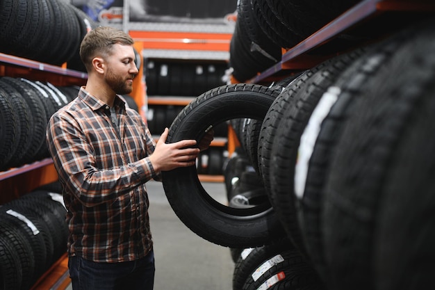 Mecânico masculino segurando pneu de carro em uma loja de automóveis