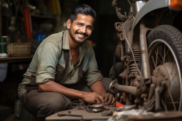 Mecánico de motores indio en el taller mirando a la cámara con una sonrisa