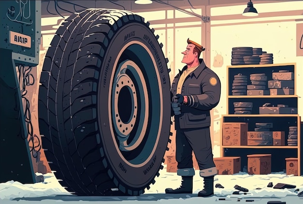 Mecânico na oficina, lidando com a substituição de pneus no inverno e no verão