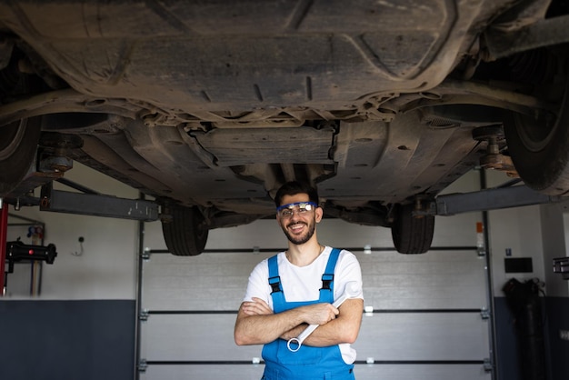 Mecánico de pie frente al garaje alegre joven barbudo mecánico de motores en overoles