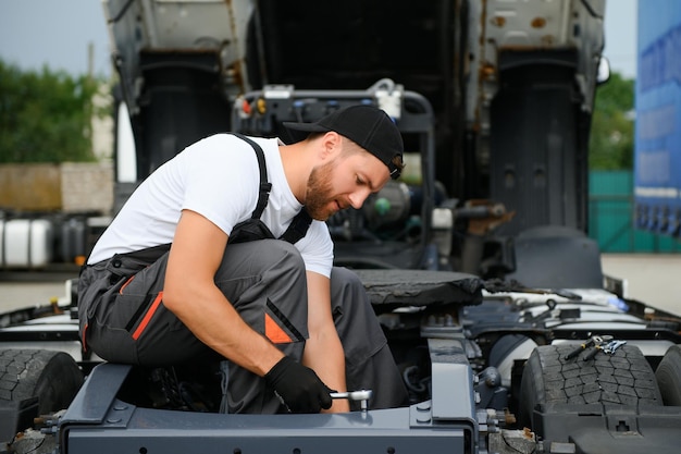 Foto mecánico profesional de camiones que trabaja en el servicio de reparación de vehículos