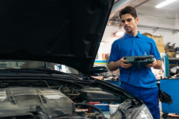 Mecánico profesional que repara el motor del coche en el garaje.