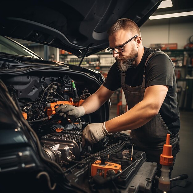 Mecánico profesional que trabaja en un automóvil