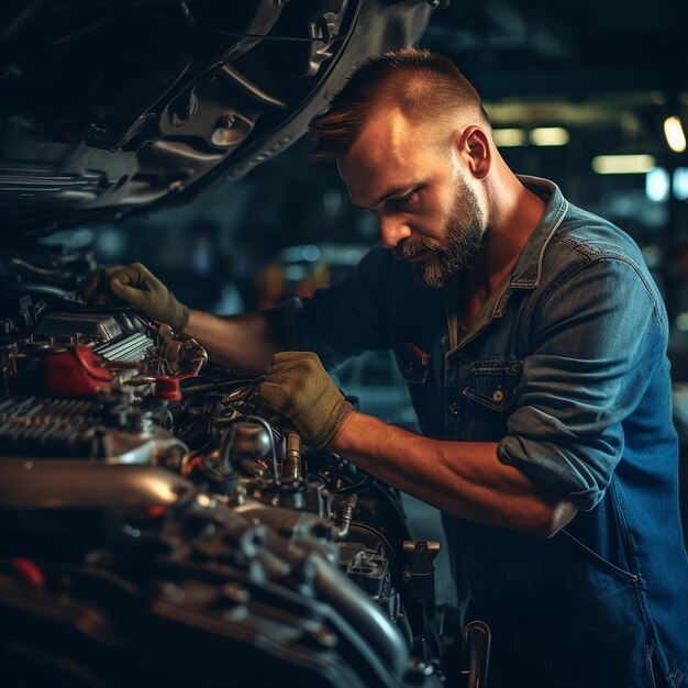 Mecánico profesional que trabaja en un automóvil