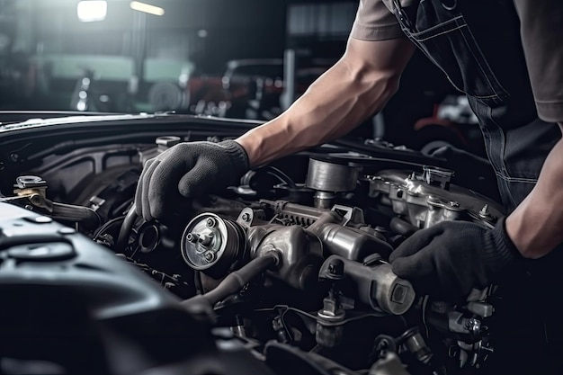 Foto mecánico profesional que trabaja en el taller de reparación de automóviles concepto de mantenimiento y servicio de automóviles