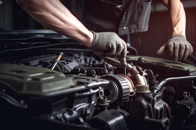 Mecánico profesional que trabaja en el taller de reparación de automóviles Concepto de mantenimiento y servicio de automóviles