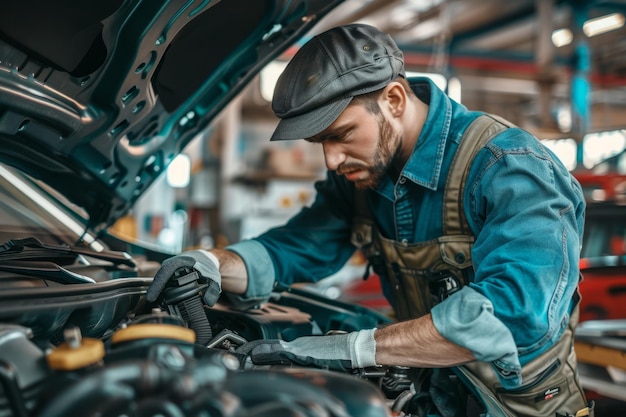 Un mecánico profesional trabaja en un coche en un centro de servicio de automóviles un reparador se ocupa de la rutina