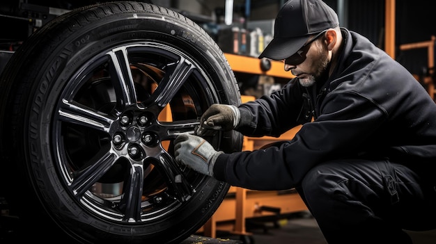 Mecânico qualificado no trabalho Um mecânico profissional lida com a substituição de pneus numa oficina de reparação de automóveis, assegurando que os veículos estão equipados com os pneus certos para a estação