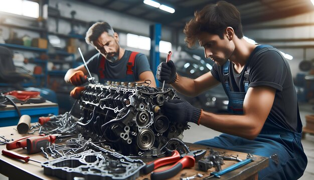 Mecânico qualificado reconstrói habilmente o motor desmontado num ambiente de trabalho diário sincero