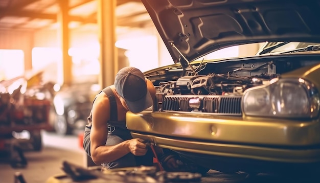 Foto mecánico que repara el coche del radiador en la hoja de cálculo moderna