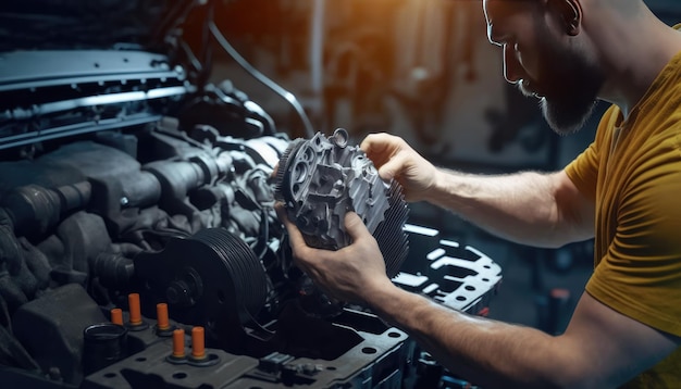 Un mecánico que trabaja en un motor de coche