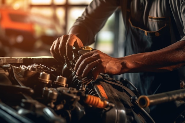 Un mecánico que trabaja en un motor de coche