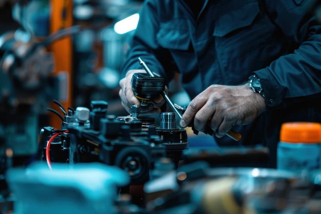 Mecánico que utiliza herramientas para reparar piezas de vehículos cámara y lente de alta calidad ar 32 ID de trabajo 06a22f1c7b6140
