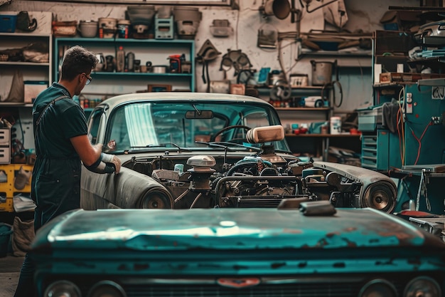 Un mecánico repara un coche antiguo en un garaje