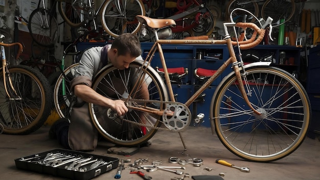 Foto mecánico reparando una bicicleta