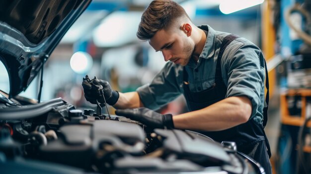 Un mecánico reparando un coche en un taller de reparación de automóviles AI generó una ilustración