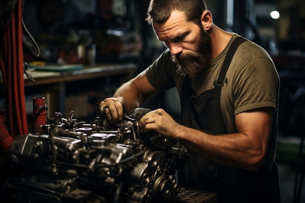 Mecánico reparando la IA del motor de un automóvil