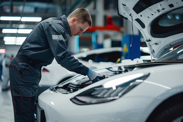 Mecánico reparando el motor del autobús azul Trabajo detallado de un técnico que realiza el mantenimiento en el público
