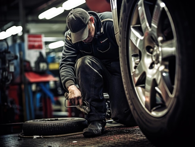 Mecánico reparando un motor de coche con el capó abierto