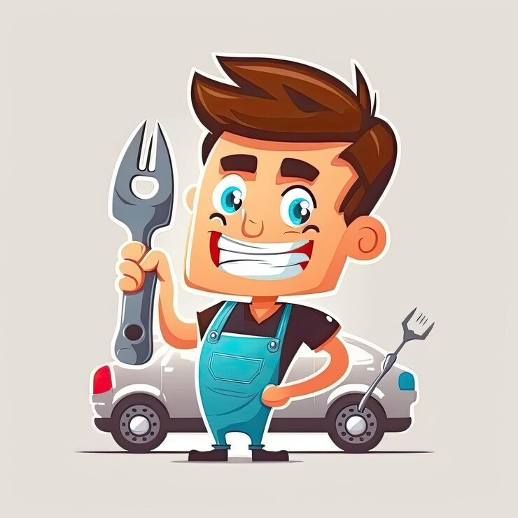 Foto mecánico reparando el personaje de dibujos animados del automóvil sosteniendo una herramienta de reparación ilustración vectorial del servicio del automóvil hecho por aiinteligencia artificial
