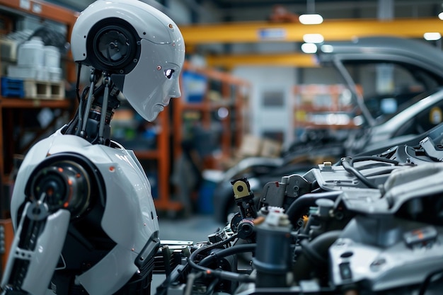 Foto un mecánico robot inspeccionando un motor en una máquina generativa de automóviles