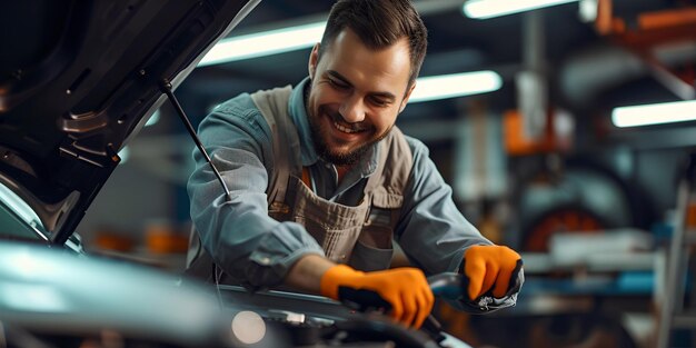 Mecánico sonriente trabajando bajo el capó del coche en un moderno taller de reparación de automóviles herramientas profesionales industria artesano IA