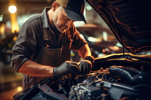 Un mecánico en un taller diagnostica y repara el motor y los sistemas del automóvil Reparación y diagnóstico de automóviles en el garaje Servicio moderno de automóviles Mecánico trabajador brutal