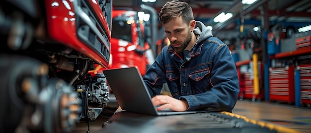 Foto mecânico techsavvy diagnosticando um conceito de motor de caminhão mecânico especialização em ferramentas de diagnóstico manutenção de caminhões tecnologia de solução de problemas de motor em reparos