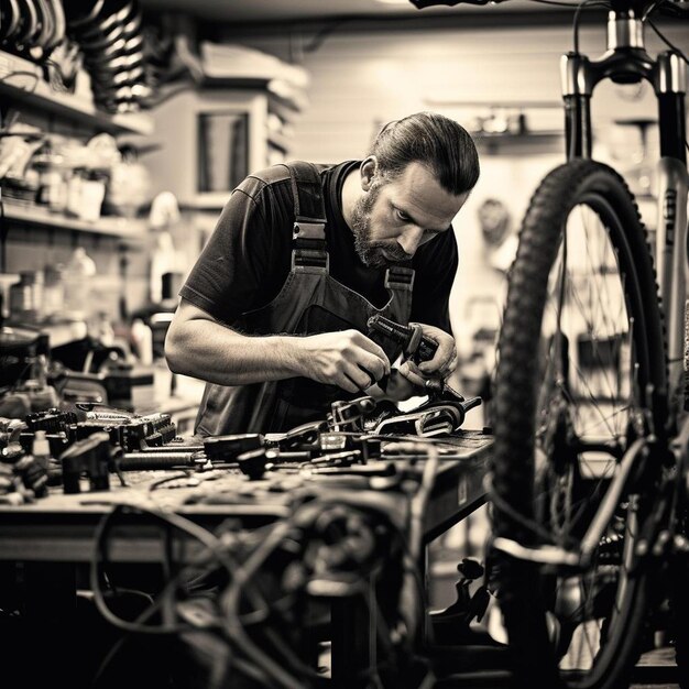 mecánico de tienda de bicicletas reparando la rueda de la bicicleta en el taller