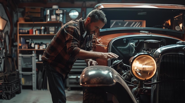 Un mecánico trabaja en un coche antiguo en su garaje. Está vestido con ropa casual y se centra en su trabajo.