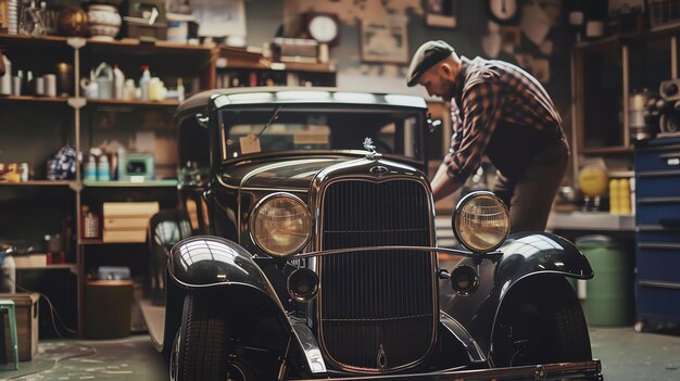 Foto un mecánico trabaja en un coche antiguo en su garaje lleva una gorra y una camisa a cuadros el coche es un ford negro de la década de 1930