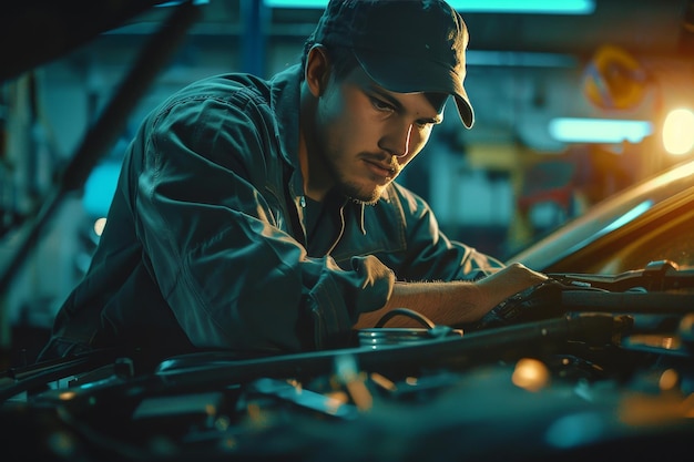 Un mecánico trabajando bajo el capó de un automóvil que retrata la competencia en la reparación de automóviles