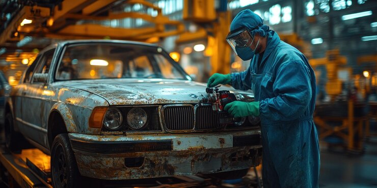 Mecánico trabajando en un coche oxidado
