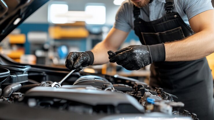Mecánico trabajando en el motor de un coche en el garaje