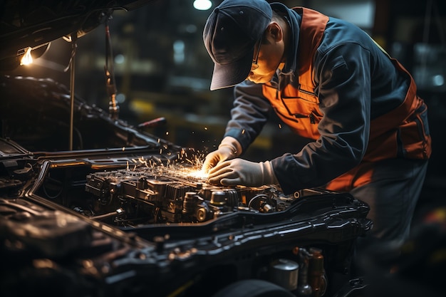 Un mecánico uniformado está trabajando en un servicio de automóviles Trabajo en el garaje servicios de reparación y mantenimiento