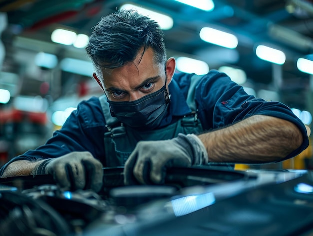 Mecânico usando máscara reparando motor de carro