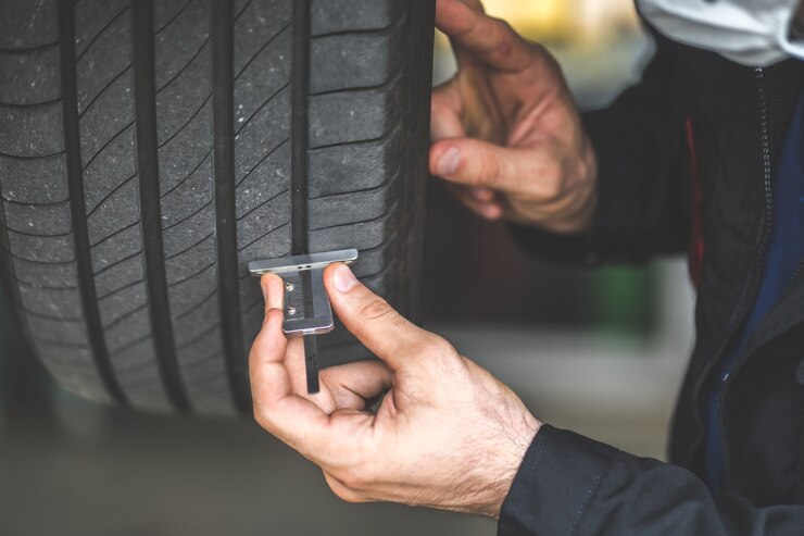 Foto mecânico verificando a profundidade do piso do pneu do carro. manutenção do carro e conceito de garagem de serviço automático.