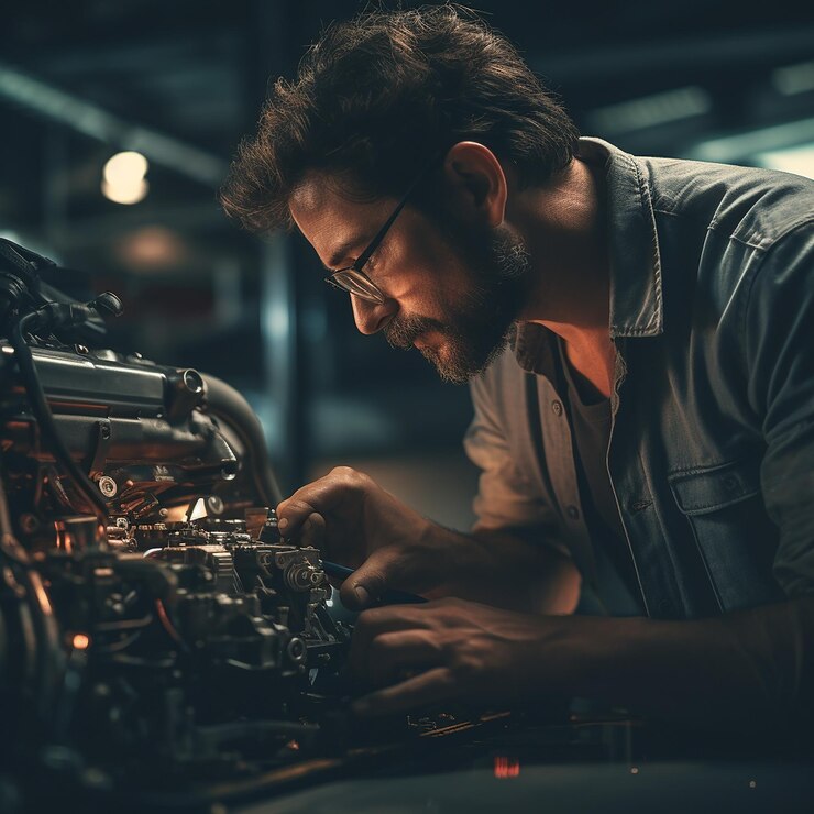 Foto mecânico verificando peças de automóveis retrato
