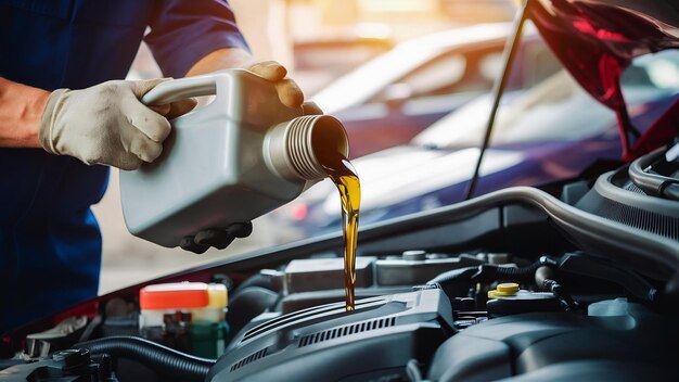 Foto mecánico vertiendo lubricante de aceite en el motor del automóvil para el mantenimiento del vehículo